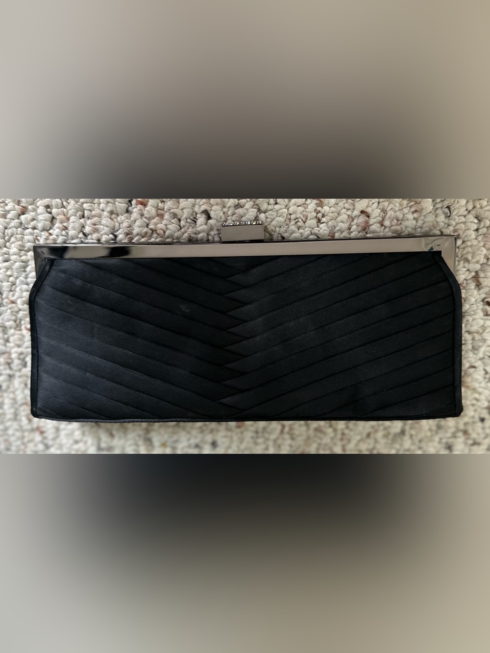 Lord & Taylor Black Quilted Satin Frame Clutch with Rhinestone Detail w/Chain